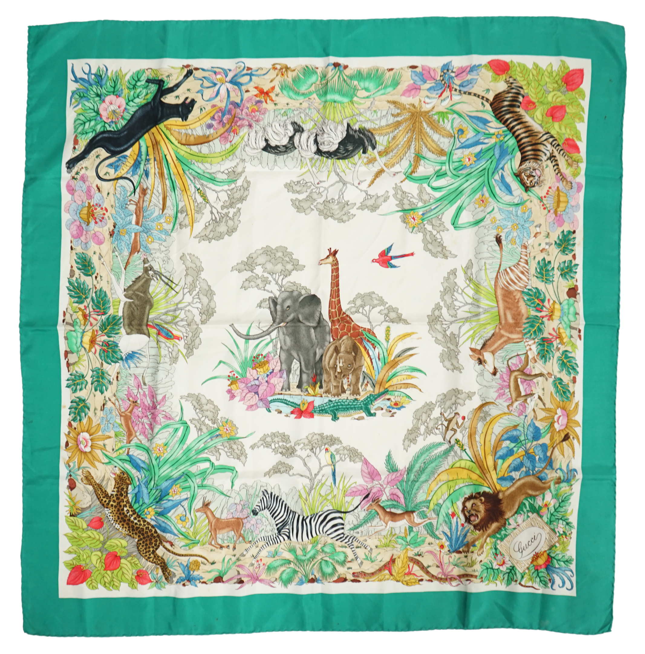 A Gucci 'Jungle' silk scarf, signed V. Accorneroa, 89cm x 89cm